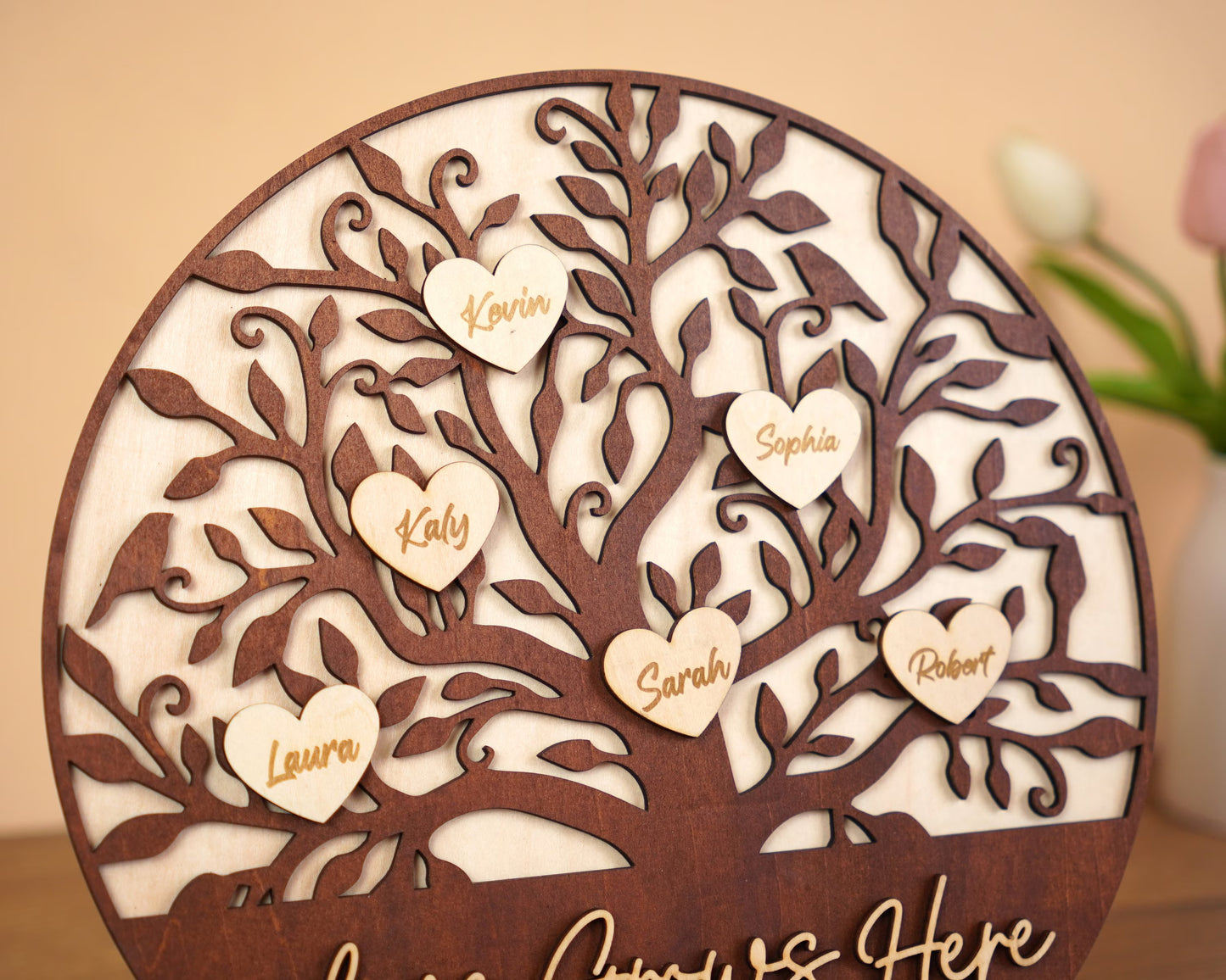 Netecom Personalized Wooden Family Tree Sign Heart Drop Name Frame Custom Family Gift for Mom Mum Home Decor Keepsake