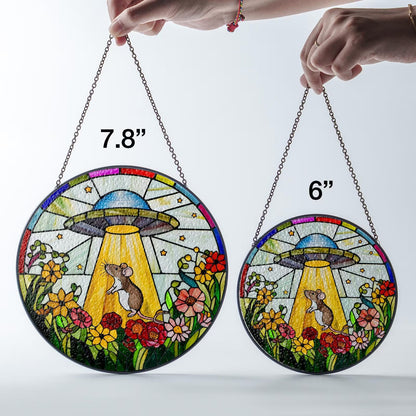 Netecom UFO Abduction Opossum Stained Glass Suncatcher – Funny Window Hanging, Opossum and Alien Decor, Unique Gift for Women, Indoor Acrylic Sun Catcher