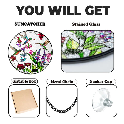 Netecom Hummingbird Glass Suncatcher – Hummingbirds and Wild Flowers Stained Glass, Window Hanging Ornament, Hummingbird Lover Gift, Home Decor for Women