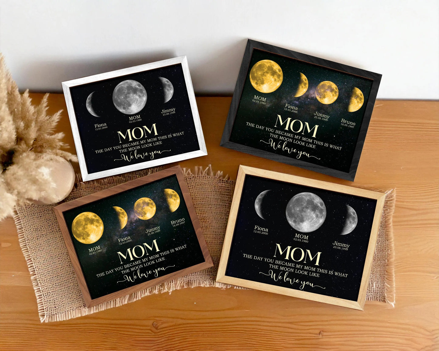 Netecom Personalized Moon Phase Frame with Kids' Names The Day You Became My Mom Gift Moon Phase Print Frame for Mother's Day Gift for Mama Unique Keepsake