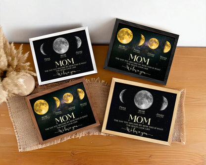Netecom Personalized Moon Phase Frame with Kids' Names The Day You Became My Mom Gift Moon Phase Print Frame for Mother's Day Gift for Mama Unique Keepsake