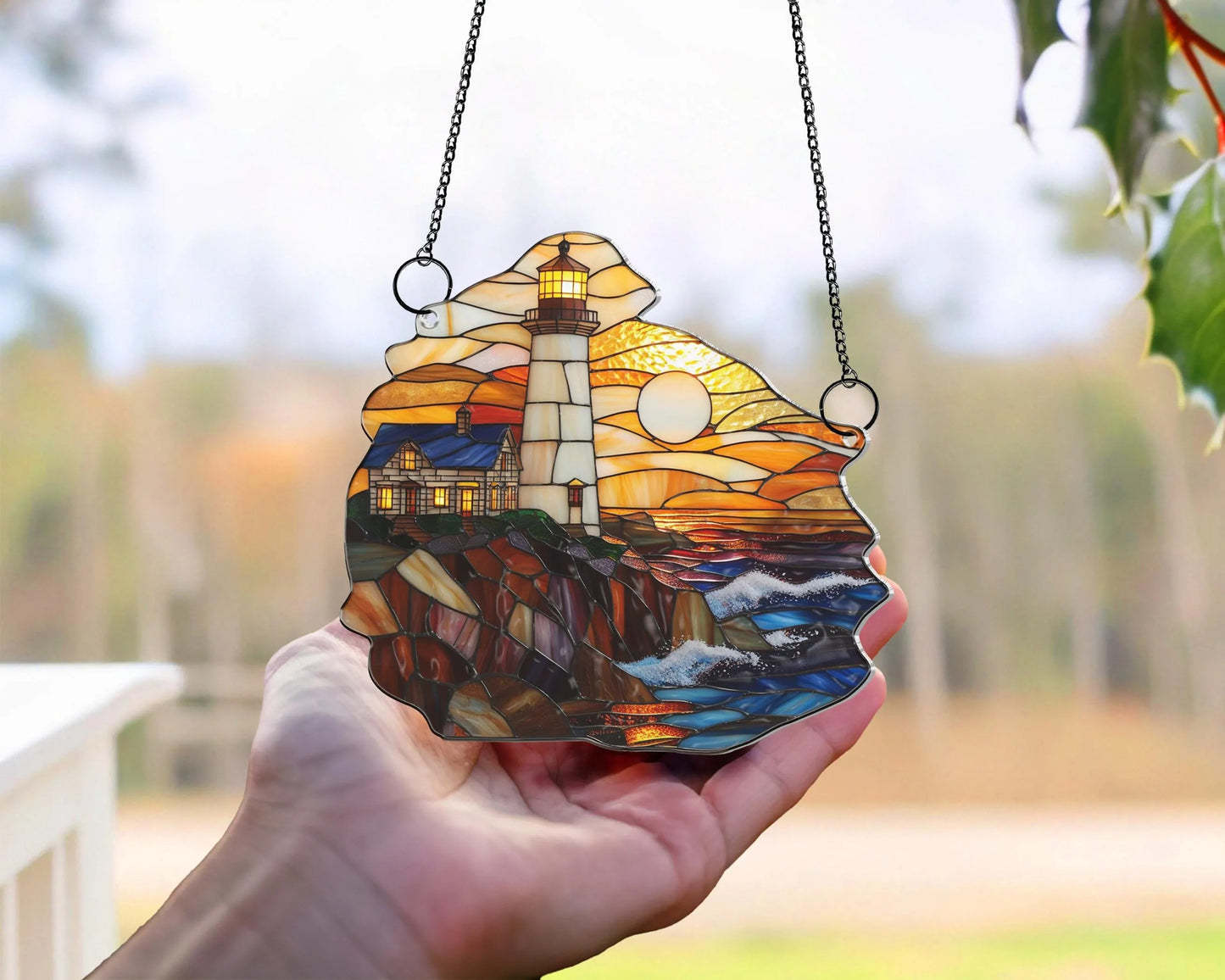 Netecom Coastal Lighthouse Acrylic Suncatcher – Sunset on the Sea, Beach Decor, Nature Lover Gift, Window Hanging for Home Car