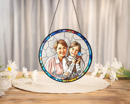 Netecom Personalized GrandmaGrandkids Stained Glass Suncatcher – Custom Family Portrait, Mother’s Day Gift, Nana Keepsake
