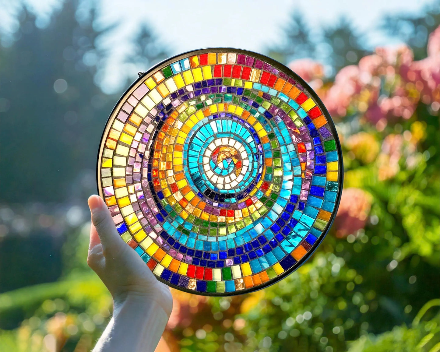 Netecom Rainbow Spiral Faux Stained Glass Suncatcher, Colorful Geometric Window Hanging, Round Mosaic Light Catcher, Vibrant Art Decor Gift