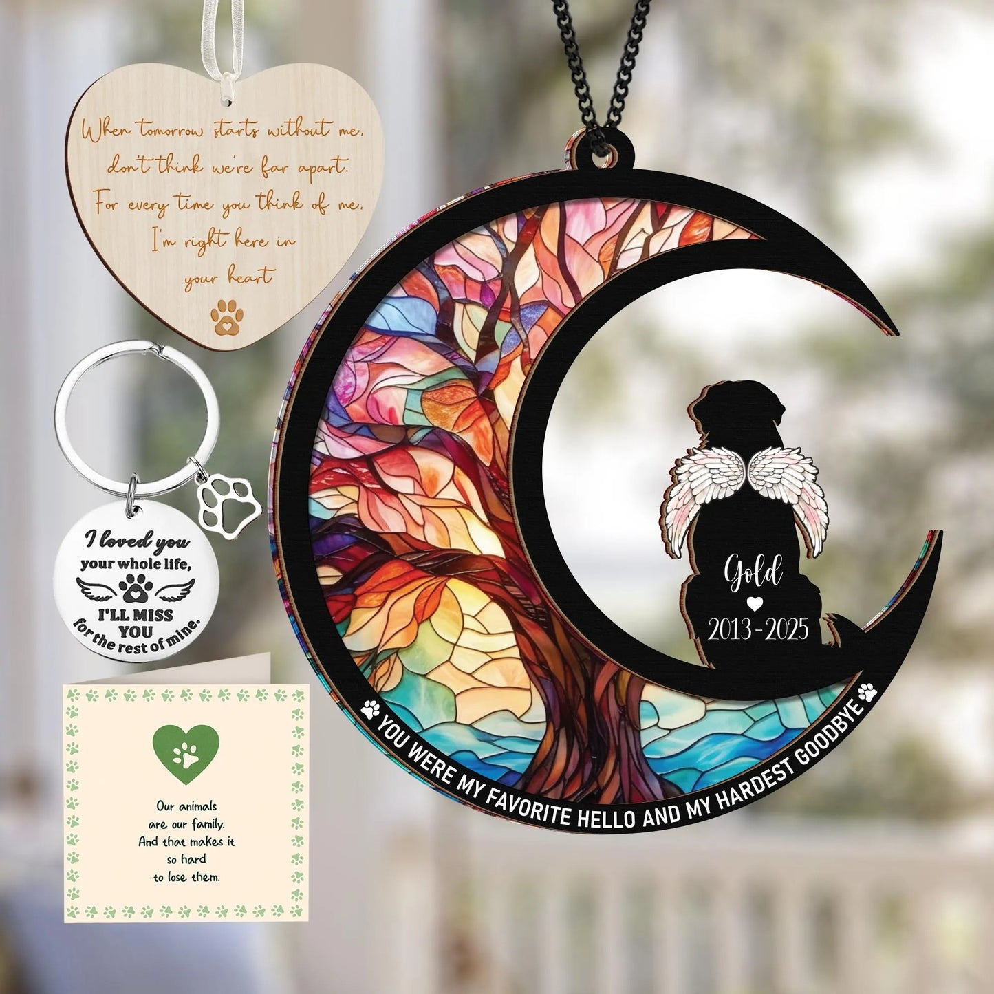 Netecom Golden Retriever Dog Memorial Suncatcher Gift – Personalized Pet Loss Ornament, Bereavement Keychain & Sympathy Card Remembrance Set