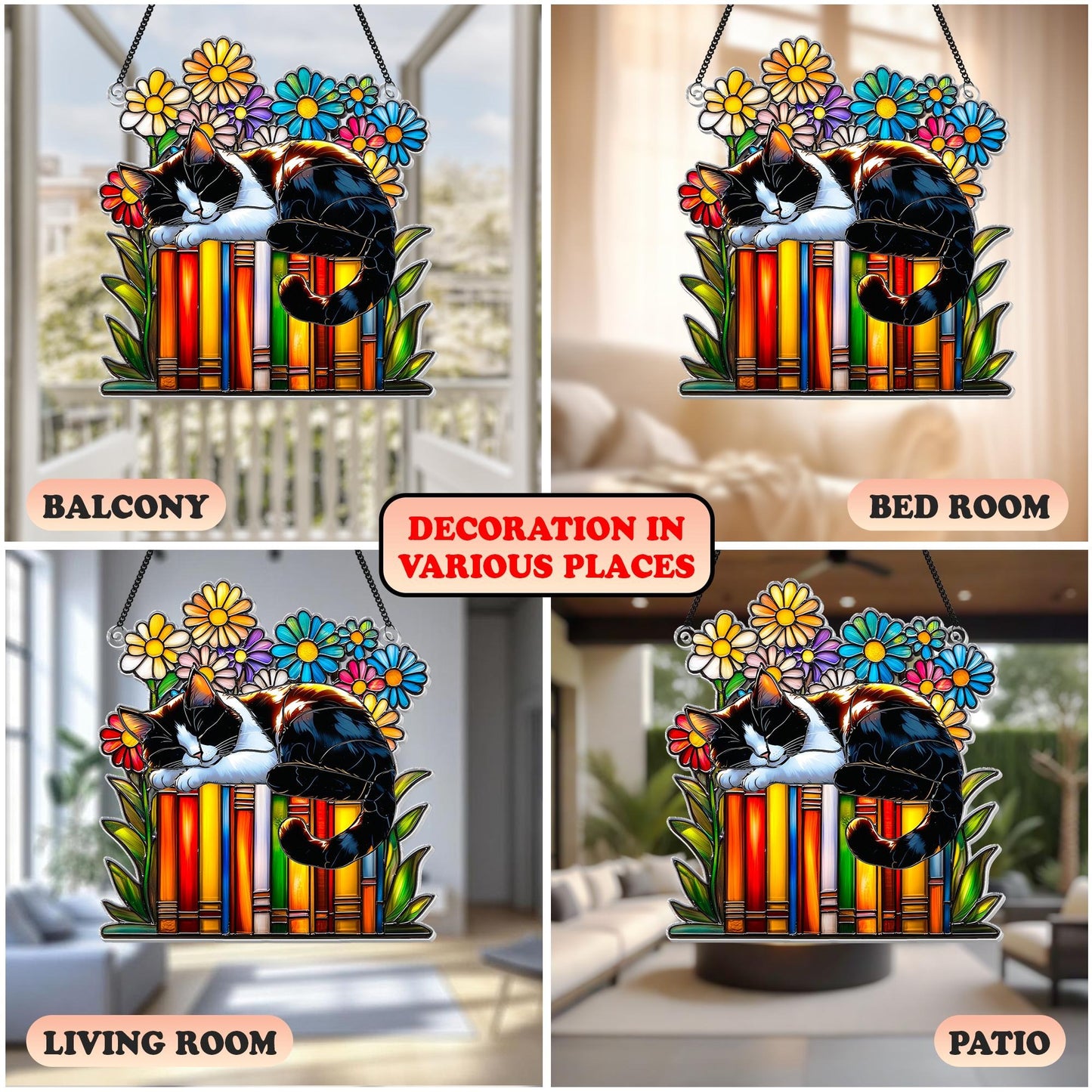 Netecom Cat Book Flower Acrylic Suncatcher – Faux Stained Glass Window Hanging, Reading Cat Book Ornament, Gift for Book Lovers & Cat Lovers