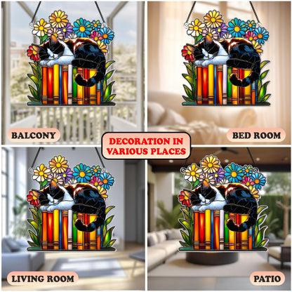 Netecom Cat Book Flower Acrylic Suncatcher – Faux Stained Glass Window Hanging, Reading Cat Book Ornament, Gift for Book Lovers & Cat Lovers