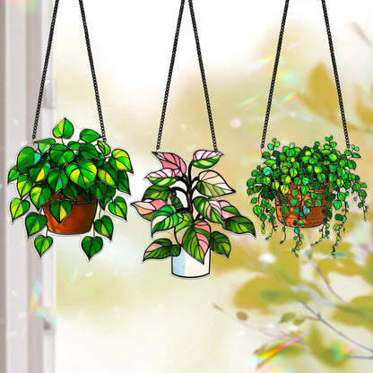 Netecom Pack of 3 Plant Acrylic Suncatchers – Faux Stained Glass Window Hanging, Botanical Home Art Decor, Garden Hanging Decor for Plant Lovers
