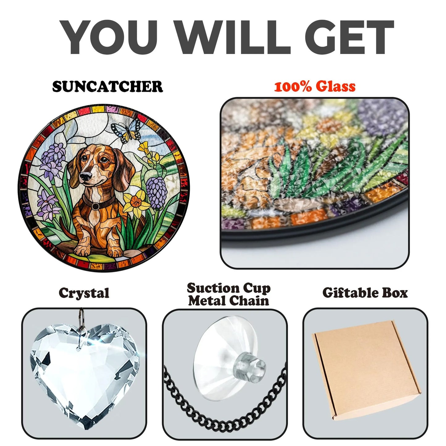 Netecom Dachshund Dog Stained Glass Suncatcher with Crystal – Personalized Pet Memorial Gift, Dachshund Lover Gift, Dog Lover Home Decor, Window Hanging Ornament