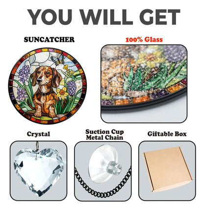 Netecom Dachshund Dog Stained Glass Suncatcher with Crystal – Personalized Pet Memorial Gift, Dachshund Lover Gift, Dog Lover Home Decor, Window Hanging Ornament