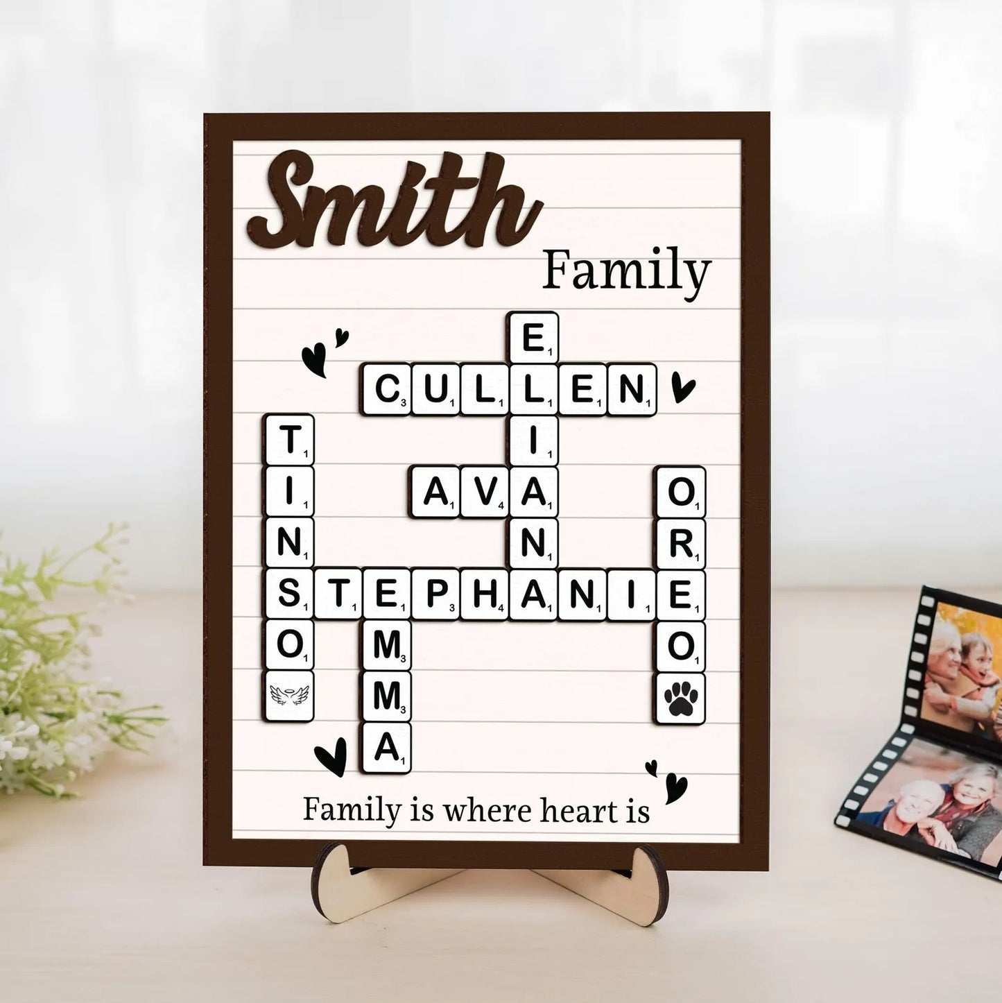 Netecom Personalized Scrabble Family Name Frame Custom Family Crossword Puzzle Sign Grandkids Names Family Home Decor Gift for Grandparents
