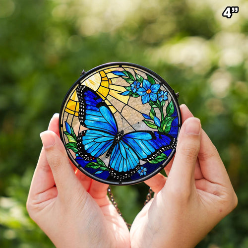 Netecom Blue Butterfly Stained Glass Suncatcher – Round Window Hanging Decor, Butterfly Lovers, Floral Sun Catcher Gift for Mom Grandma