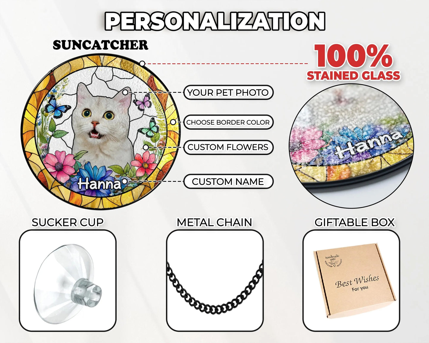 Netecom Custom Dog Suncatcher With Name, Pet Portrait Stained Glass Suncatcher, Pet Loss Sympathy, Dog Memorial Gift, Cat Memorial Photo, Window Hanging