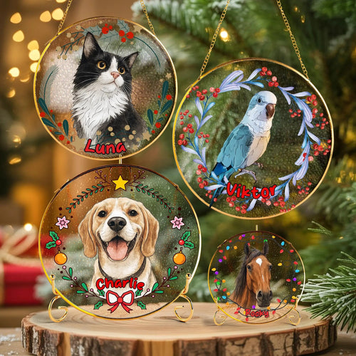 Netecom Custom Pet Portrait Stained Glass Suncatcher – Personalized Pet Memorial Gift, Dog, Cat, Parrot, Horse Ornament, Golden Frame Window Hanging Decor