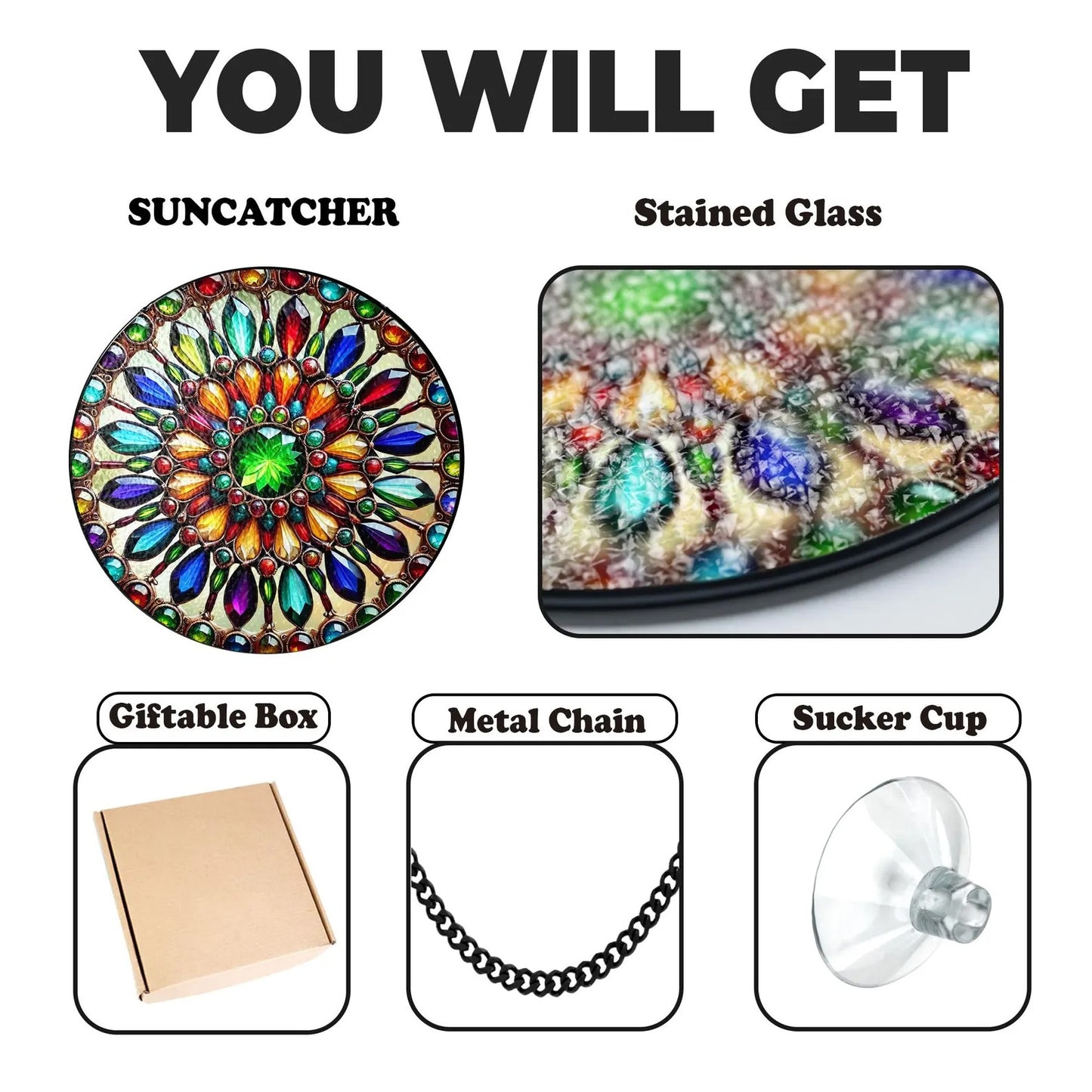 Netecom Mandala Stained Glass Suncatcher – Spiritual Healing Window Hanging, Yoga Decor, Boho Energy Healing Ornament, Chakra and Meditation Sun Catcher