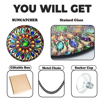 Netecom Mandala Stained Glass Suncatcher – Spiritual Healing Window Hanging, Yoga Decor, Boho Energy Healing Ornament, Chakra and Meditation Sun Catcher