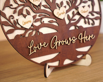 Netecom Personalized Wooden Family Tree Sign Heart Drop Name Frame Custom Family Gift for Mom Mum Home Decor Keepsake