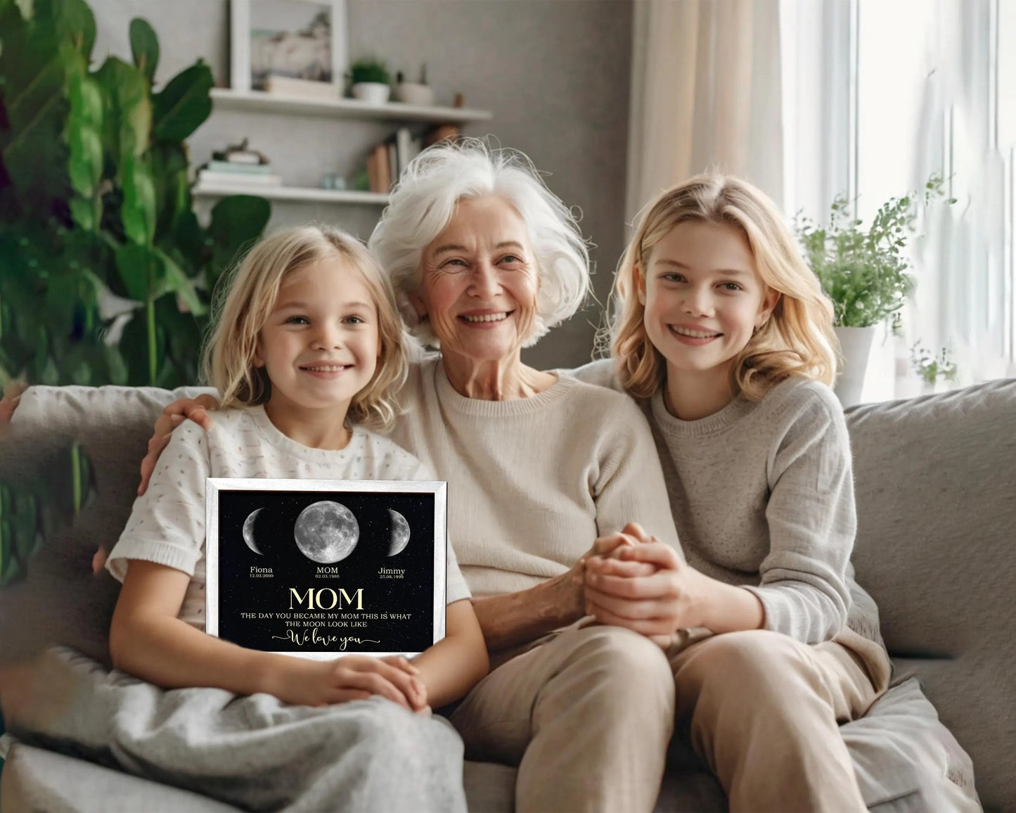 Netecom Personalized Moon Phase Frame with Kids' Names The Day You Became My Mom Gift Moon Phase Print Frame for Mother's Day Gift for Mama Unique Keepsake