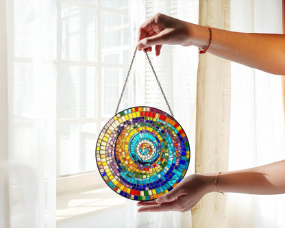 Netecom Rainbow Spiral Faux Stained Glass Suncatcher, Colorful Geometric Window Hanging, Round Mosaic Light Catcher, Vibrant Art Decor Gift