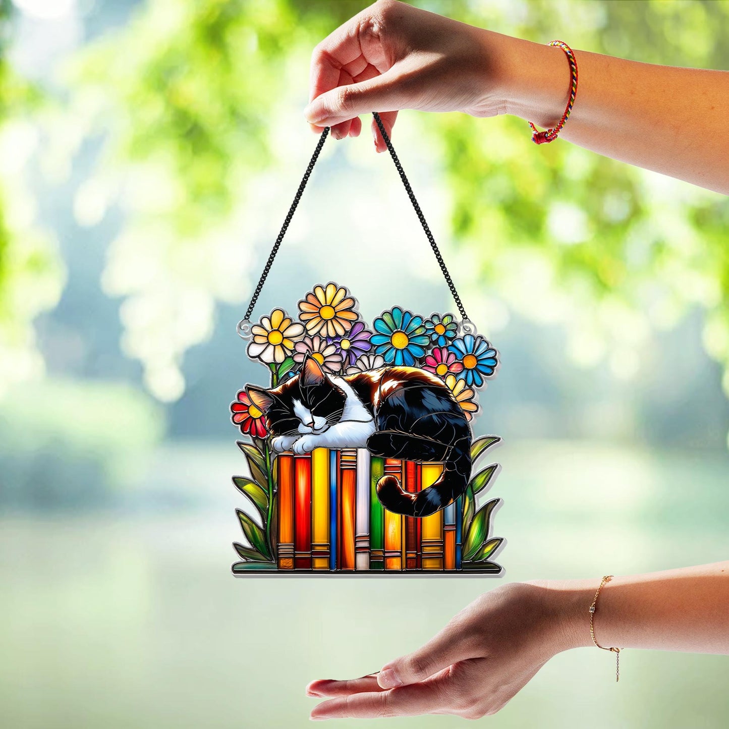 Netecom Cat Book Flower Acrylic Suncatcher – Faux Stained Glass Window Hanging, Reading Cat Book Ornament, Gift for Book Lovers & Cat Lovers
