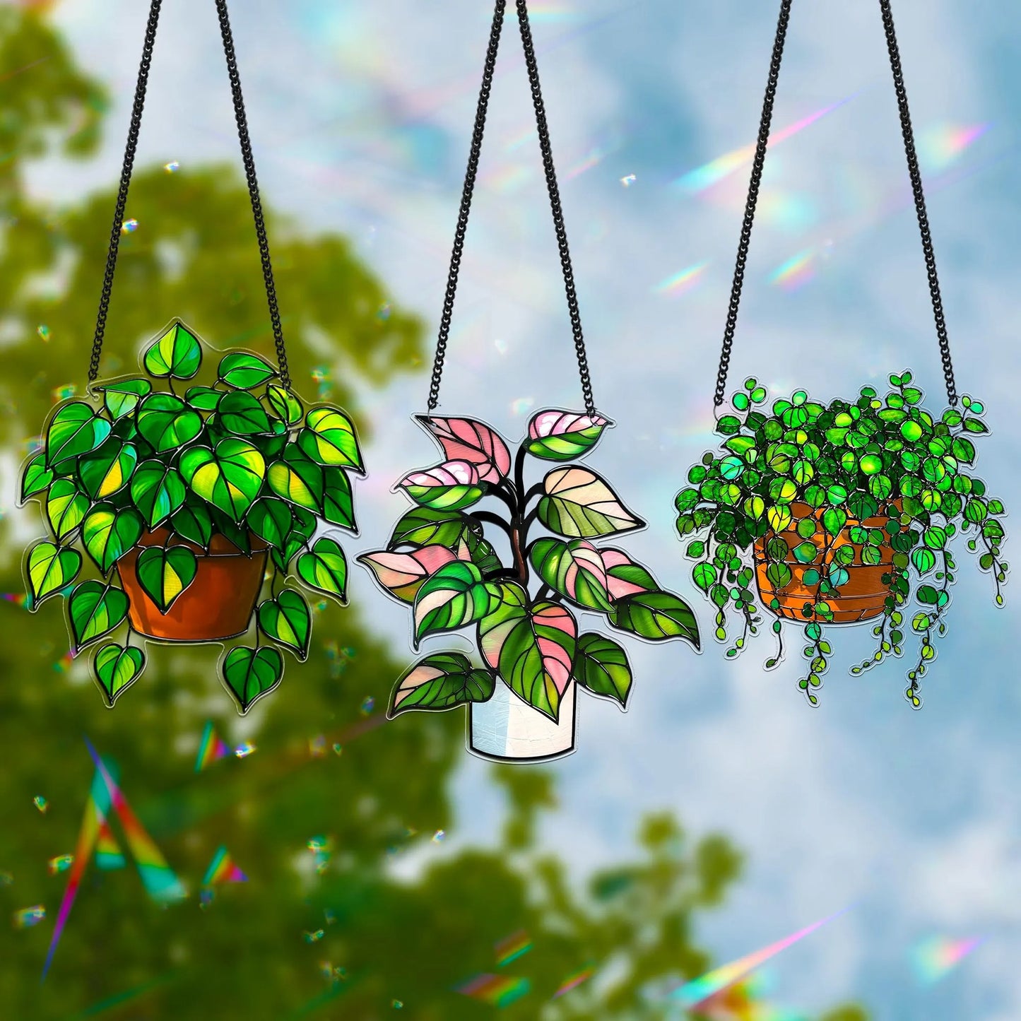Netecom Pack of 3 Plant Acrylic Suncatchers – Faux Stained Glass Window Hanging, Botanical Home Art Decor, Garden Hanging Decor for Plant Lovers