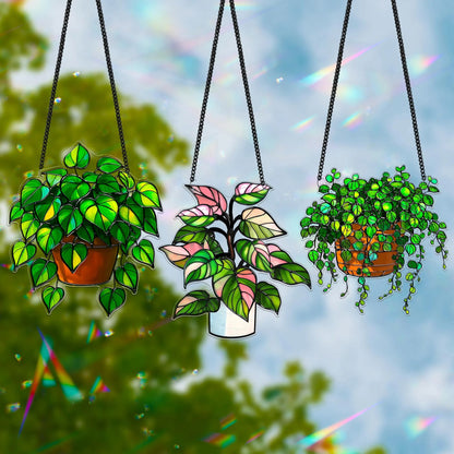 Netecom Pack of 3 Plant Acrylic Suncatchers – Faux Stained Glass Window Hanging, Botanical Home Art Decor, Garden Hanging Decor for Plant Lovers