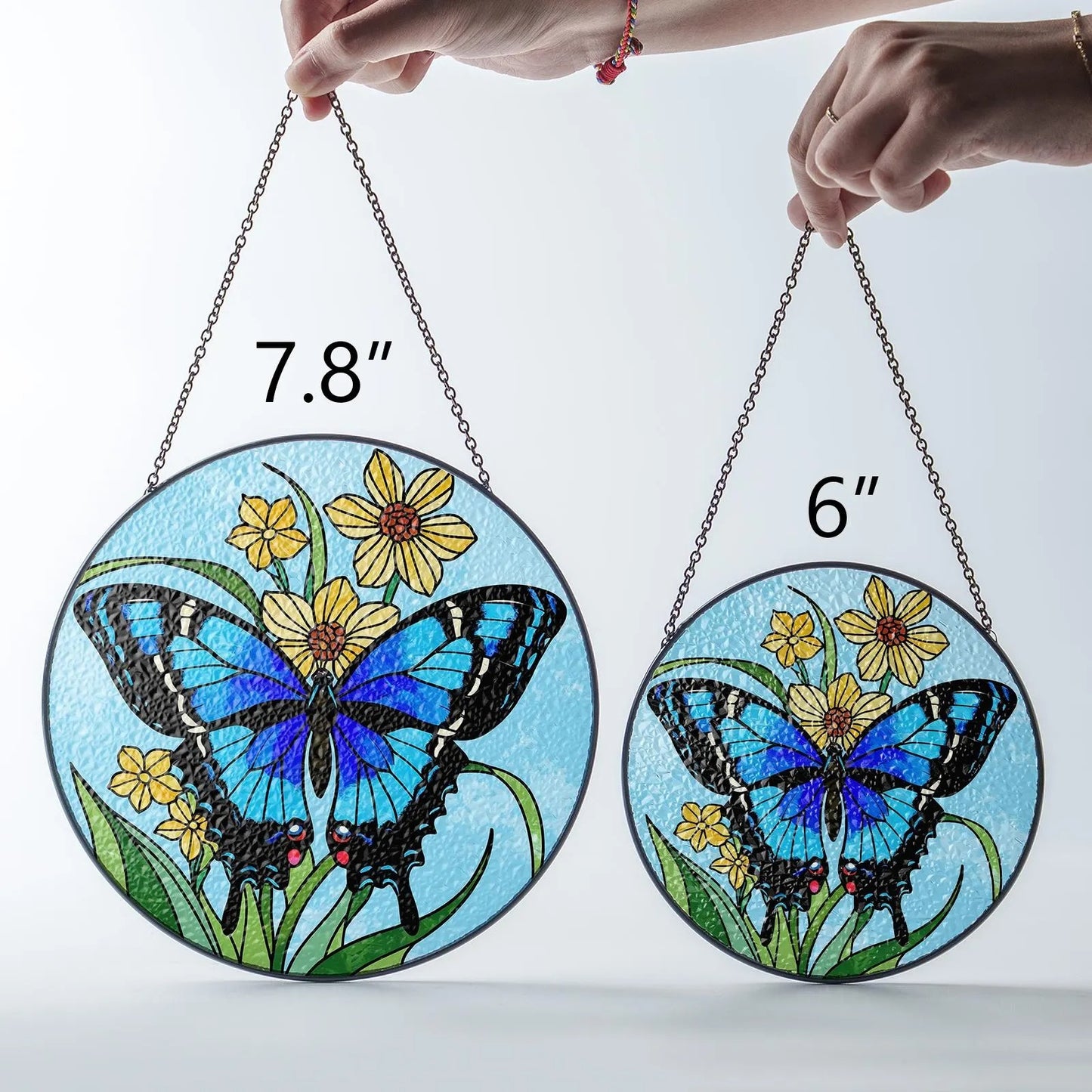 Netecom Blue Butterfly Stained Glass Suncatcher – Round Window Hanging Decor, Butterfly Lovers, Floral Sun Catcher Gift for Mom Grandma