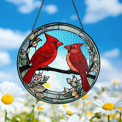 Netecom Male and Female Red Cardinal Stained Glass Suncatcher – Lovebirds Window Hanging, Gifts for Mom and Couples, Red Bird SunCatcher