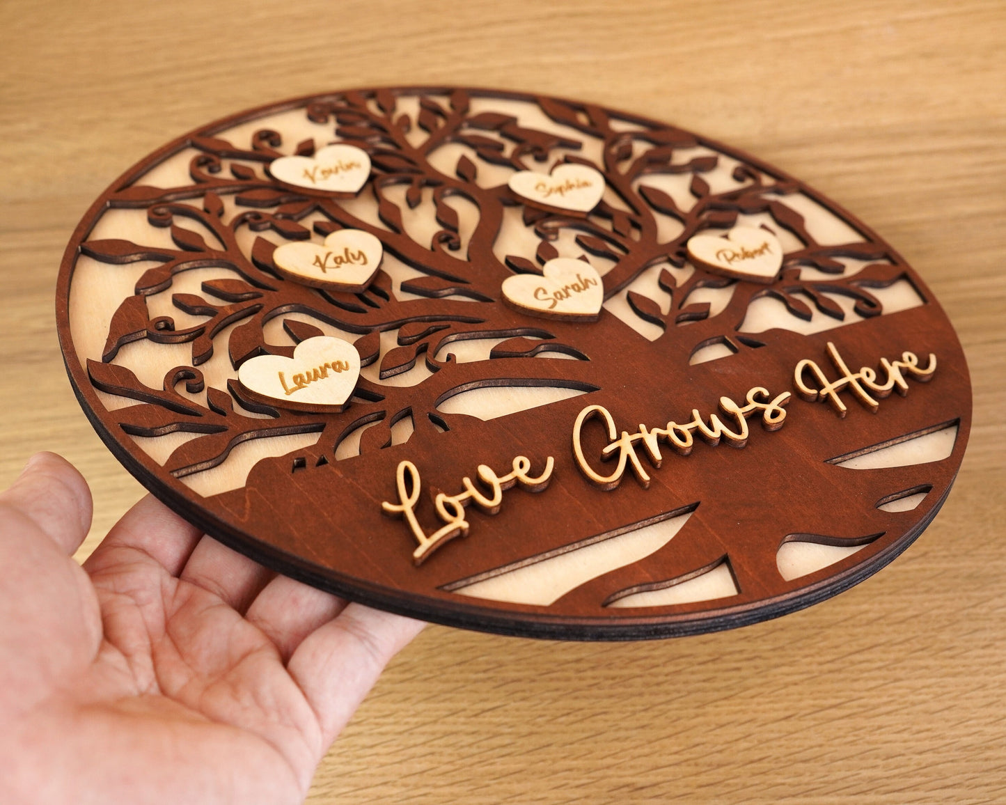 Netecom Personalized Wooden Family Tree Sign Heart Drop Name Frame Custom Family Gift for Mom Mum Home Decor Keepsake