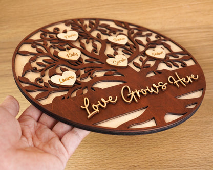 Netecom Personalized Wooden Family Tree Sign Heart Drop Name Frame Custom Family Gift for Mom Mum Home Decor Keepsake