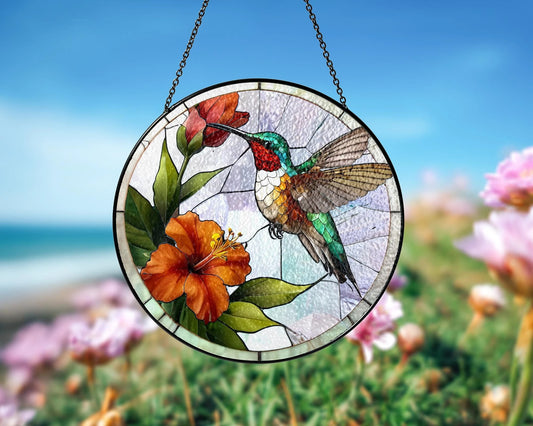 Netecom Hummingbirds and Wild Flowers Stained Glass Suncatcher – Window Hanging Nature Art, Grandma Gift, Light Catcher Wall Decor for Women Mom