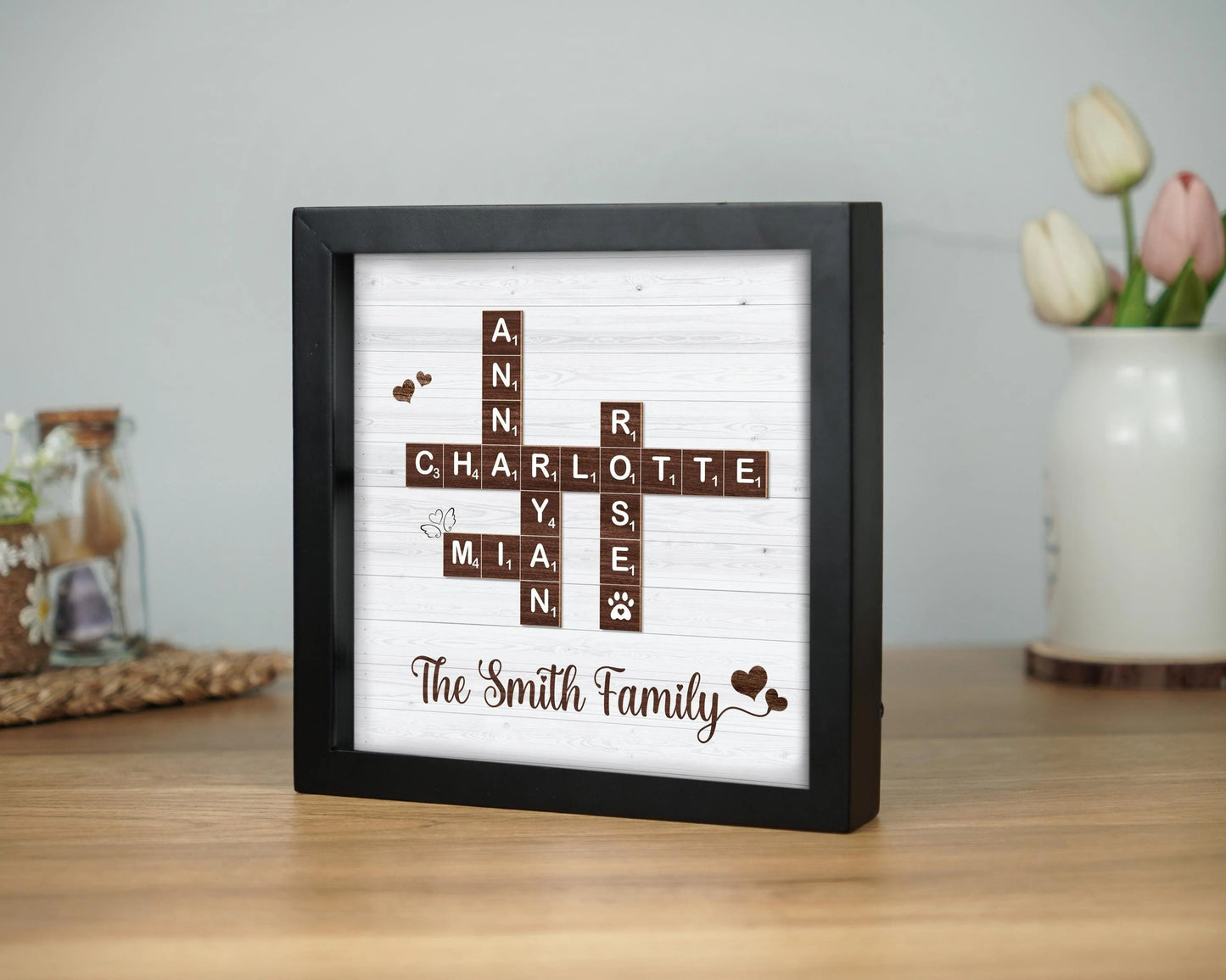 Netecom Personalized Family Scrabble Puzzle Frame Custom Family Name Sign Grandkids Keepsake Family Memory Board