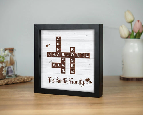 Netecom Personalized Family Scrabble Puzzle Frame Custom Family Name Sign Grandkids Keepsake Family Memory Board