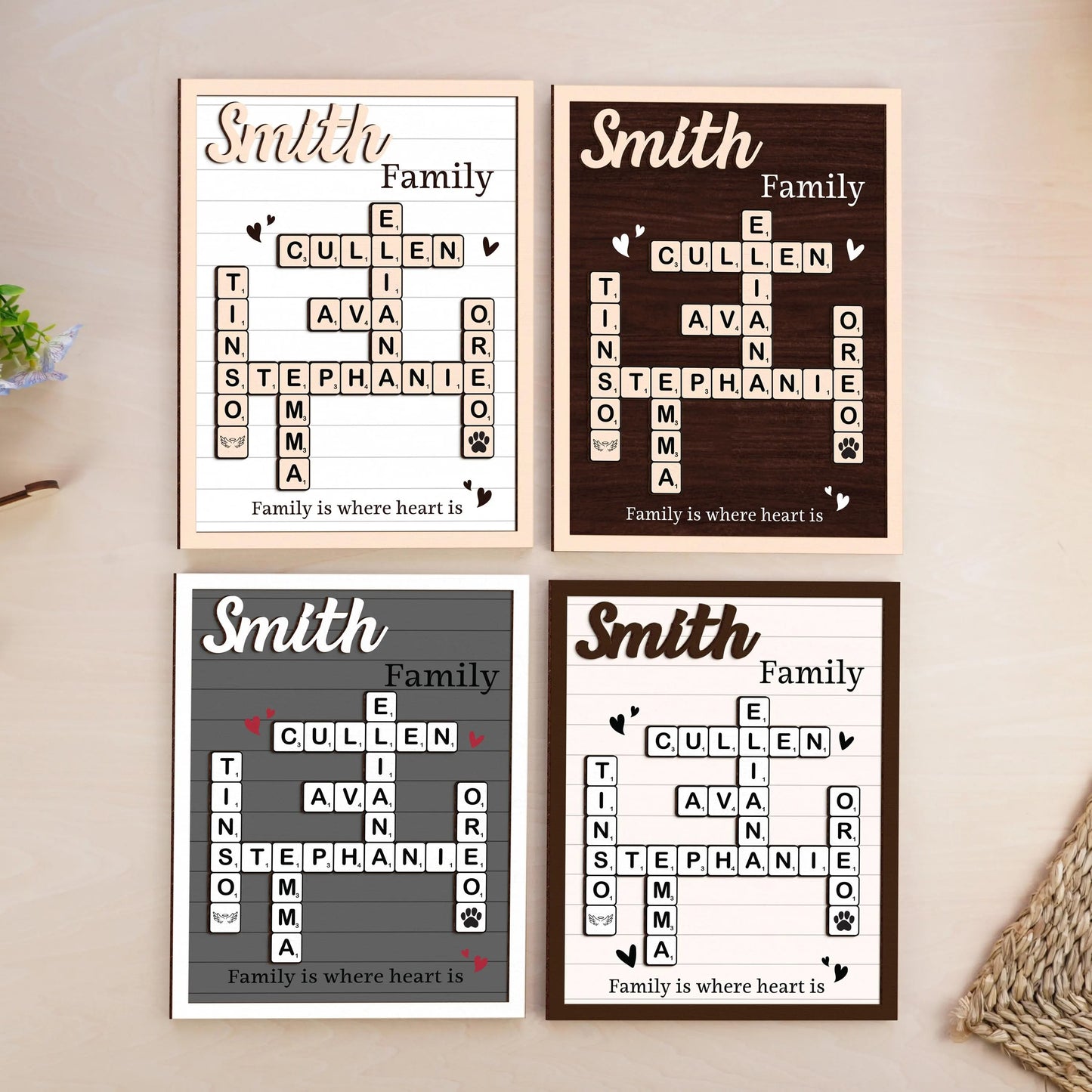 Netecom Personalized Scrabble Family Name Frame Custom Family Crossword Puzzle Sign Grandkids Names Family Home Decor Gift for Grandparents