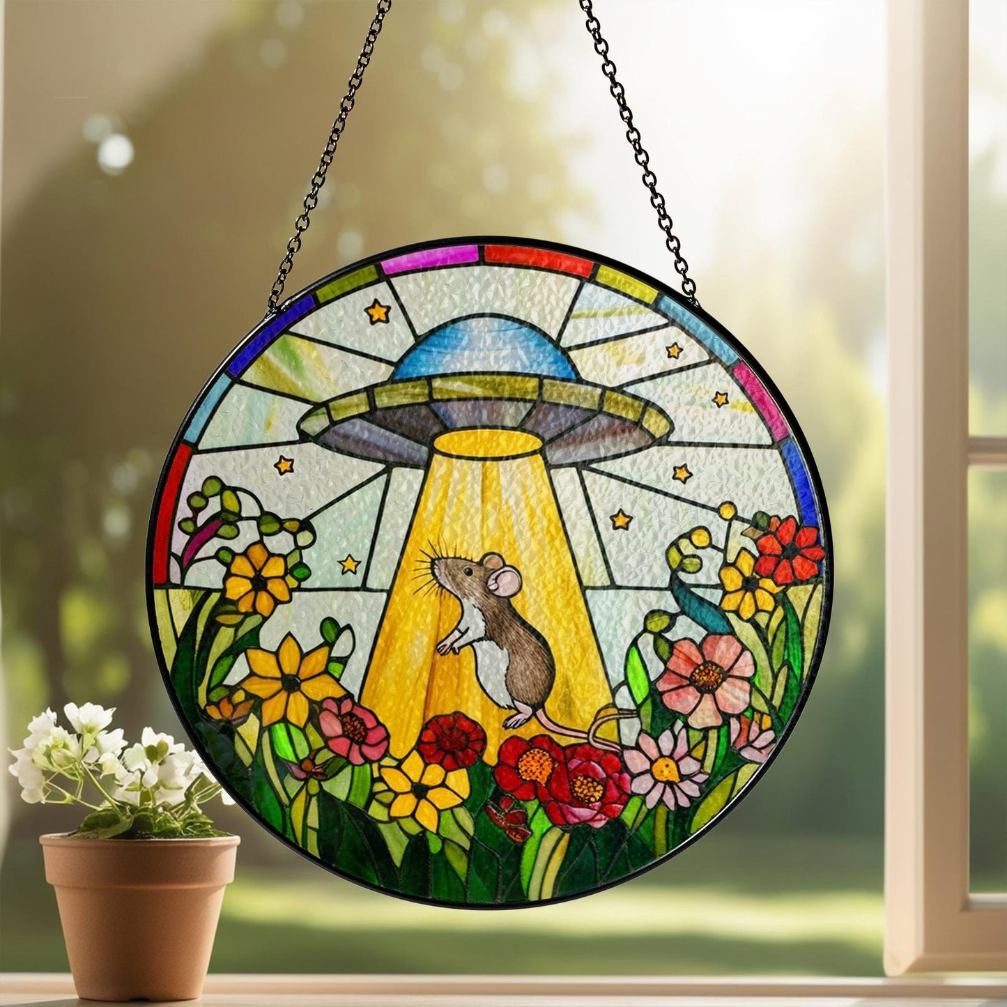 Netecom UFO Abduction Opossum Stained Glass Suncatcher – Funny Window Hanging, Opossum and Alien Decor, Unique Gift for Women, Indoor Acrylic Sun Catcher
