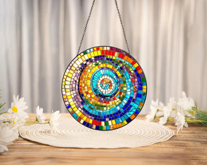 Netecom Rainbow Spiral Faux Stained Glass Suncatcher, Colorful Geometric Window Hanging, Round Mosaic Light Catcher, Vibrant Art Decor Gift