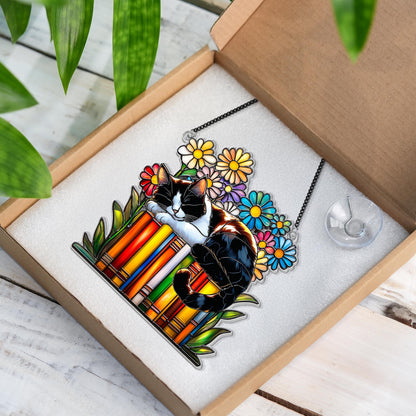 Netecom Cat Book Flower Acrylic Suncatcher – Faux Stained Glass Window Hanging, Reading Cat Book Ornament, Gift for Book Lovers & Cat Lovers