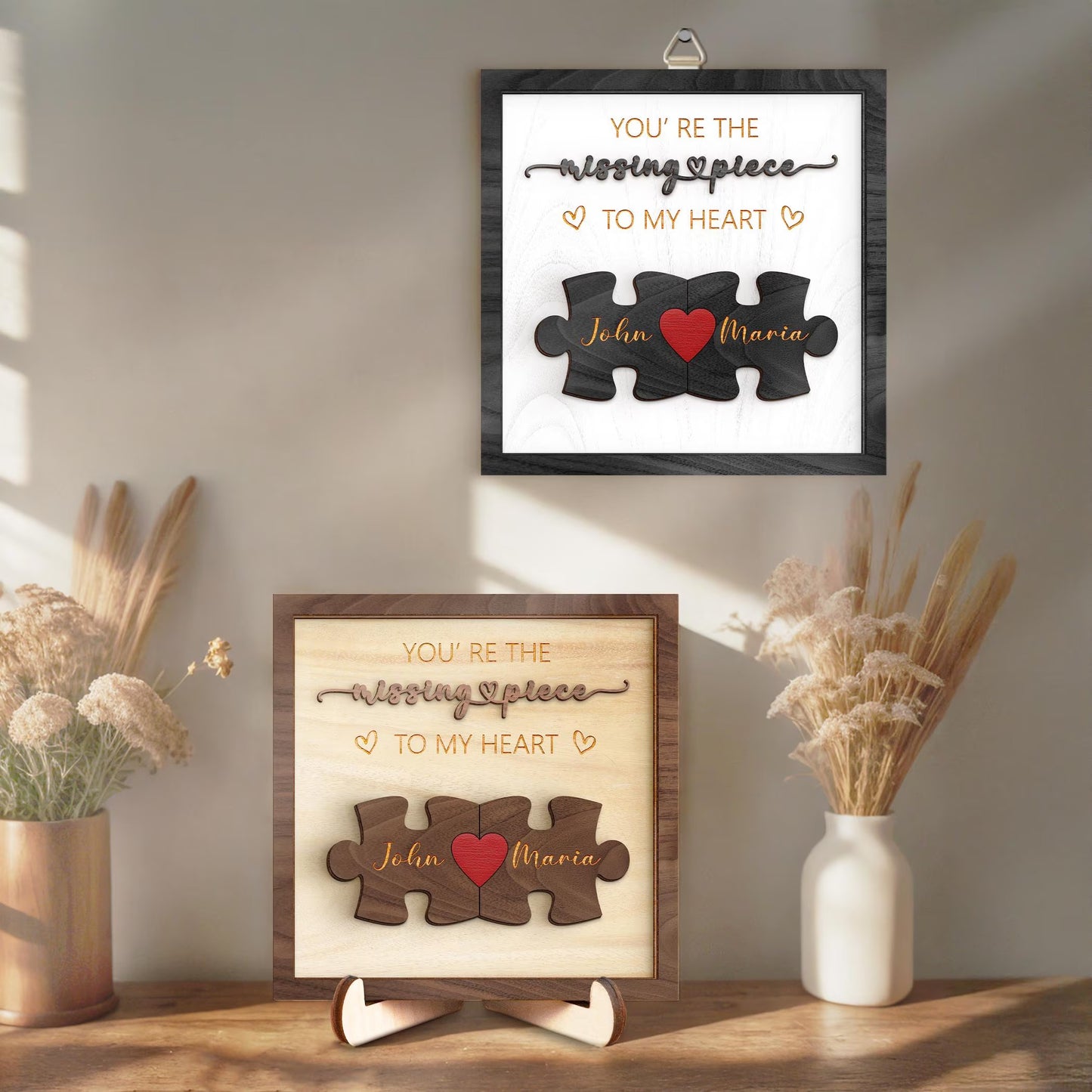 Netecom Personalized The Missing Piece Name Sign for Couples, Romantic Gift for Him and Her, Custom Puzzle Love Keepsake with Heart Keychain