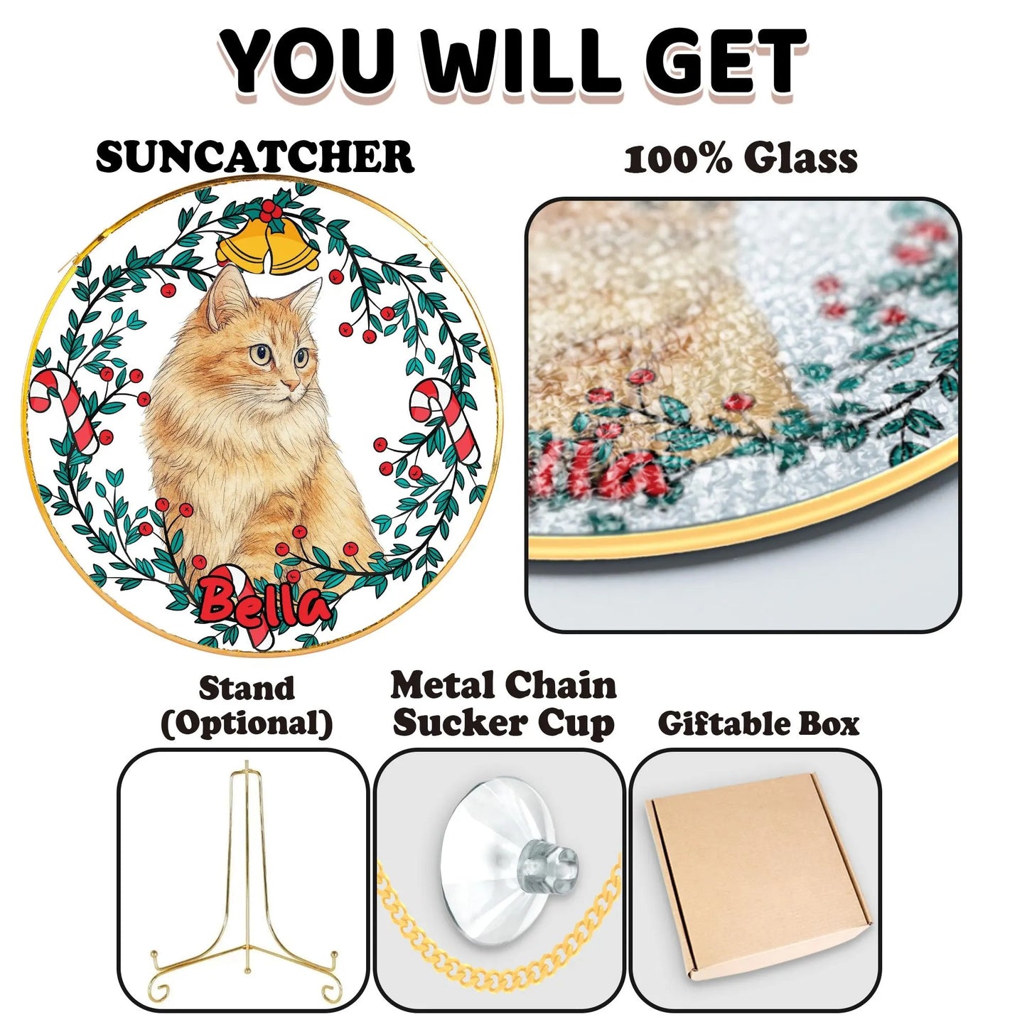 Netecom Custom Pet Portrait Stained Glass Suncatcher – Personalized Pet Memorial Gift, Dog, Cat, Parrot, Horse Ornament, Golden Frame Window Hanging Decor