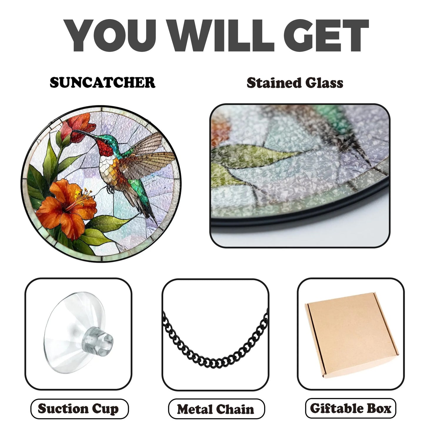 Netecom Hummingbirds and Wild Flowers Stained Glass Suncatcher – Window Hanging Nature Art, Grandma Gift, Light Catcher Wall Decor for Women Mom