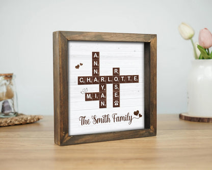 Netecom Personalized Family Scrabble Puzzle Frame Custom Family Name Sign Grandkids Keepsake Family Memory Board