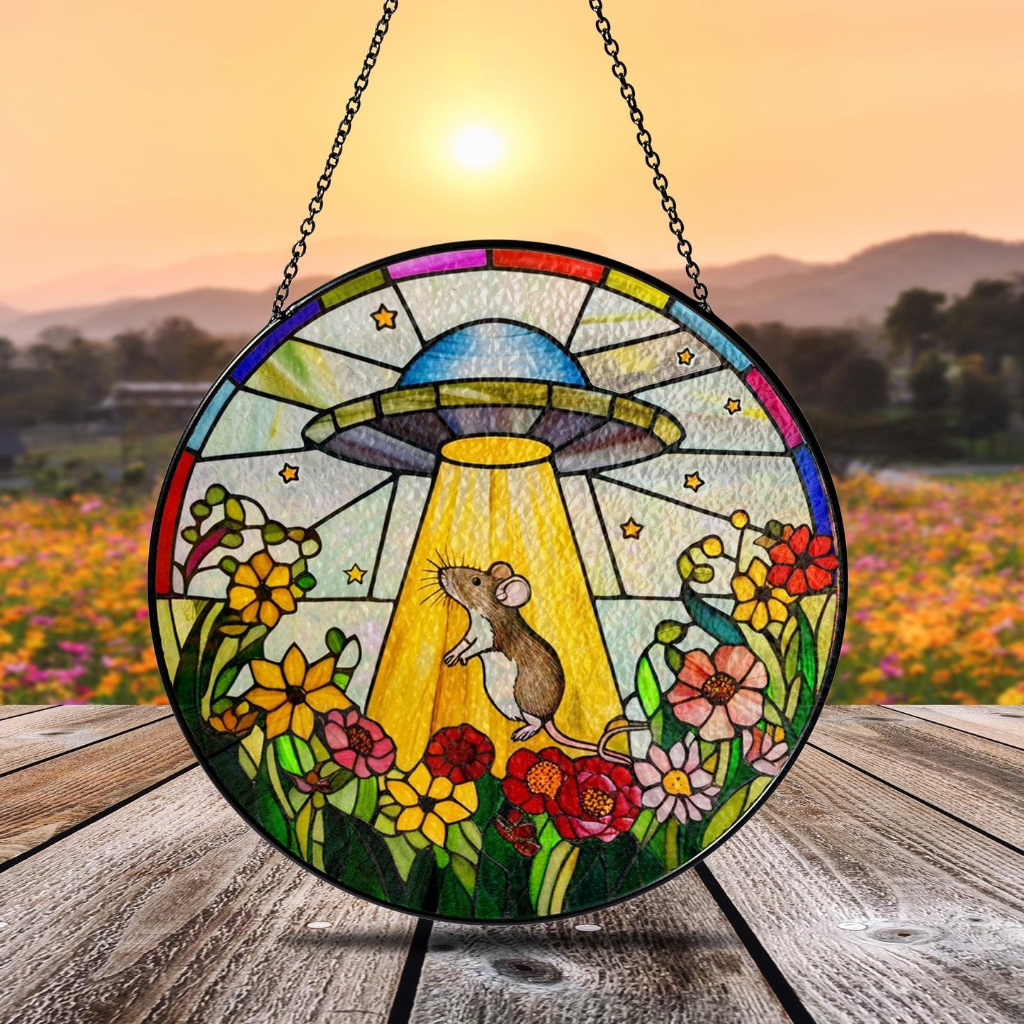 Netecom UFO Abduction Opossum Stained Glass Suncatcher – Funny Window Hanging, Opossum and Alien Decor, Unique Gift for Women, Indoor Acrylic Sun Catcher