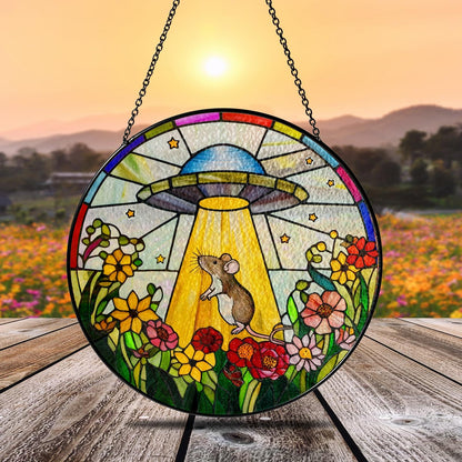 Netecom UFO Abduction Opossum Stained Glass Suncatcher – Funny Window Hanging, Opossum and Alien Decor, Unique Gift for Women, Indoor Acrylic Sun Catcher