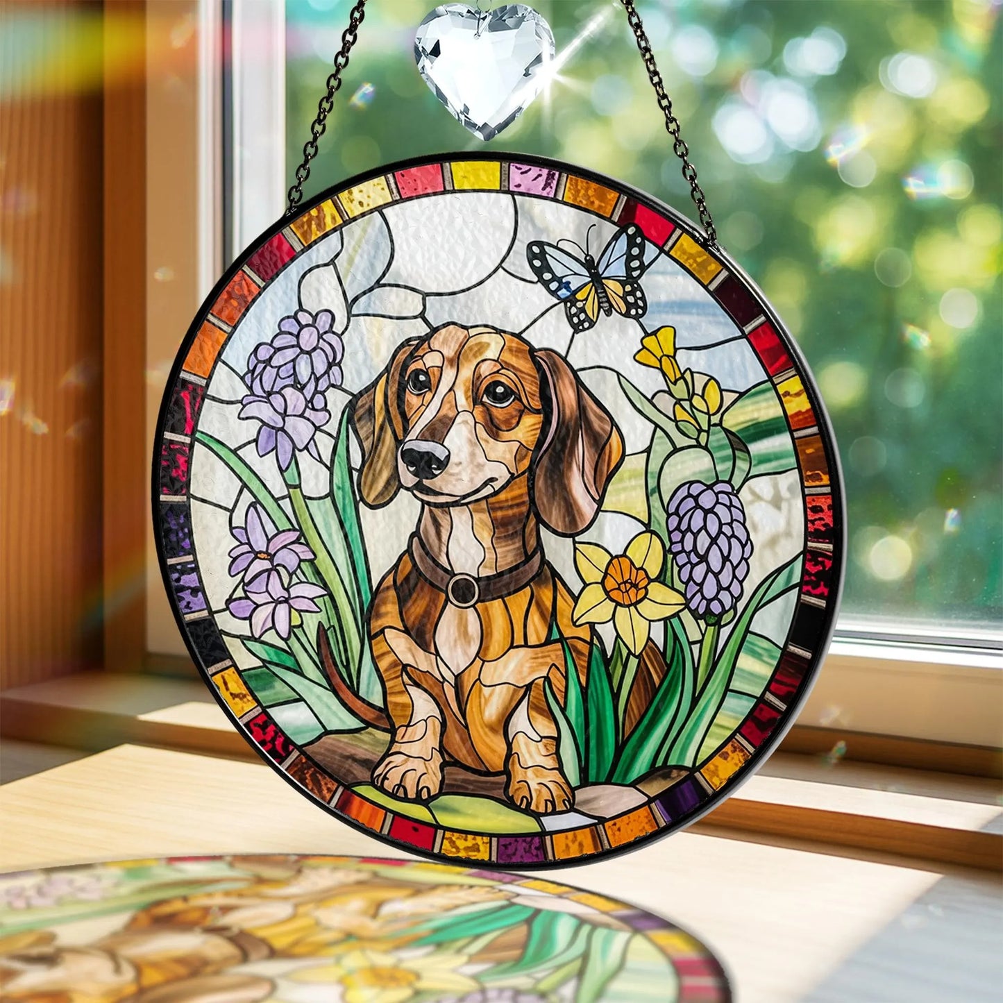 Netecom Dachshund Dog Stained Glass Suncatcher with Crystal – Personalized Pet Memorial Gift, Dachshund Lover Gift, Dog Lover Home Decor, Window Hanging Ornament