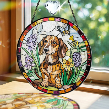 Netecom Dachshund Dog Stained Glass Suncatcher with Crystal – Personalized Pet Memorial Gift, Dachshund Lover Gift, Dog Lover Home Decor, Window Hanging Ornament