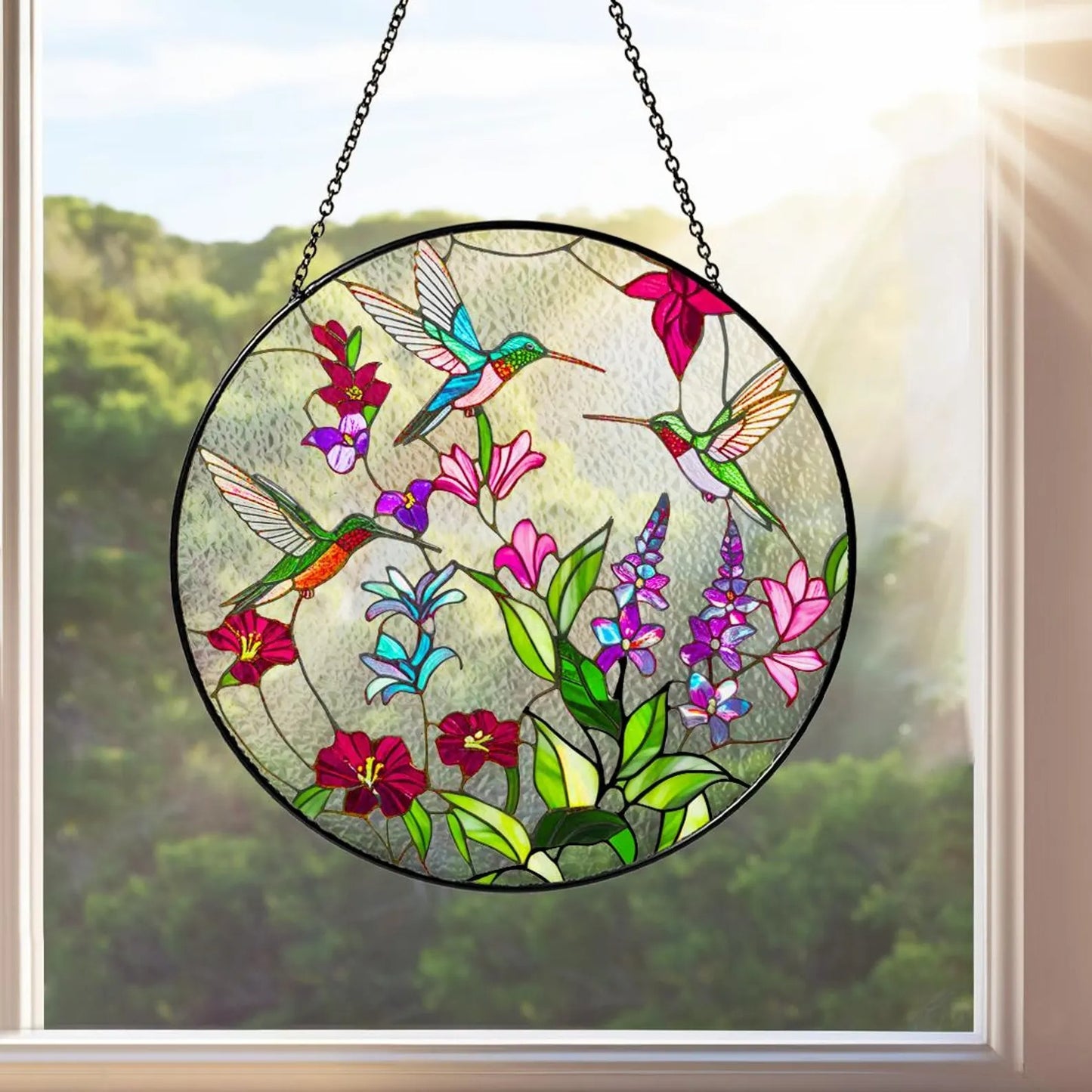 Netecom Hummingbird Glass Suncatcher – Hummingbirds and Wild Flowers Stained Glass, Window Hanging Ornament, Hummingbird Lover Gift, Home Decor for Women