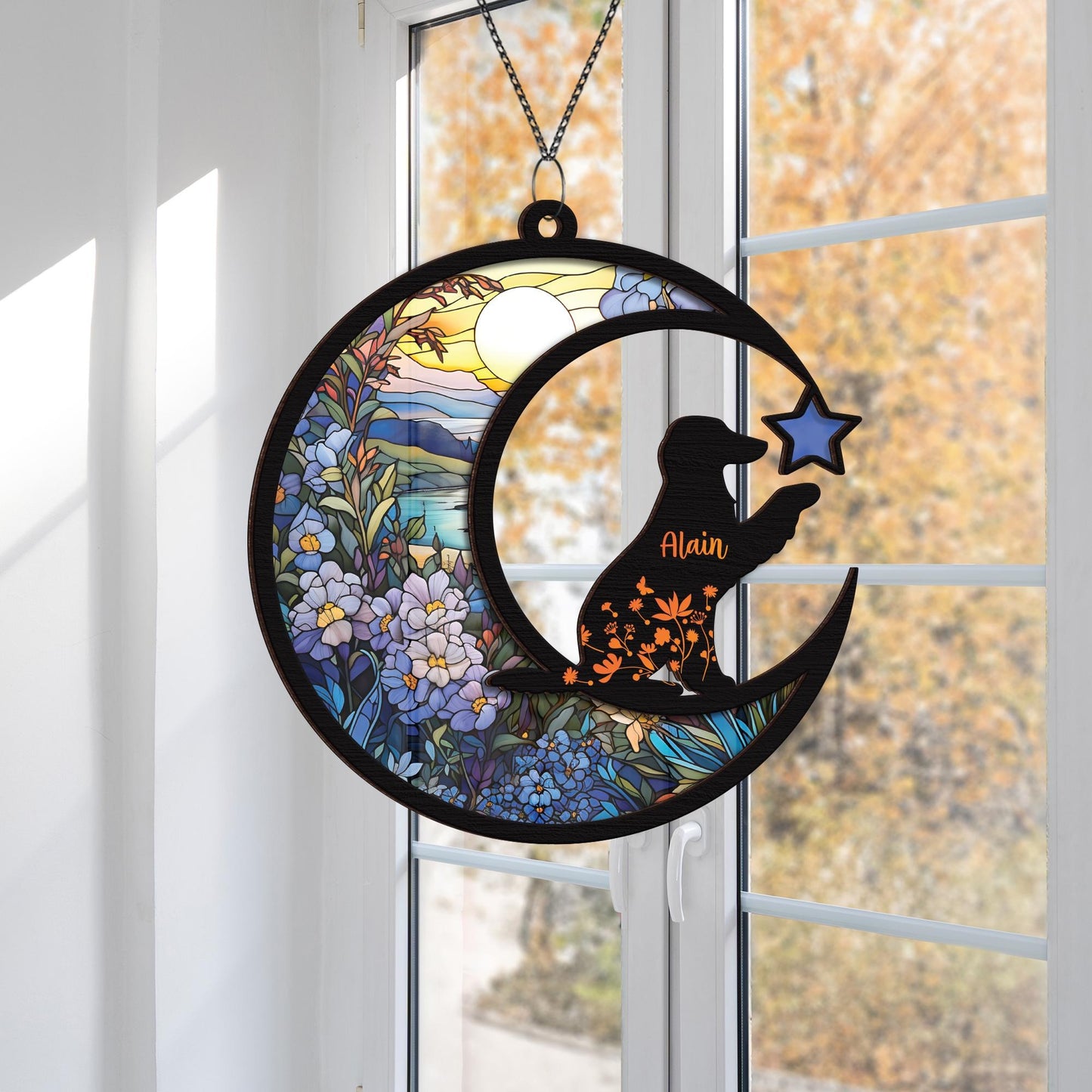 Netecom Personalized Stained Glass Suncatcher, Black Cat Memorial Ornament, Pet Loss Sympathy Gift, Cat Mom Tribute, Window Hanging Decor