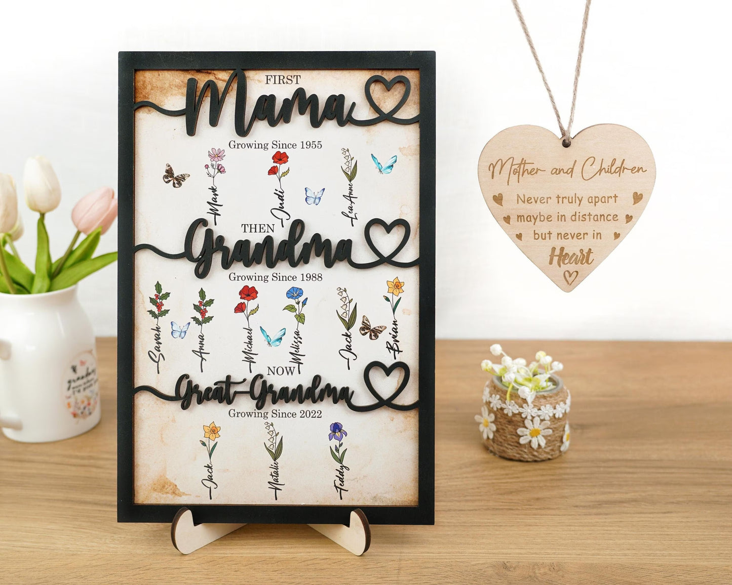 Netecom First Mom Now Grandma Wood Sign Personalized Birth Month Flower Frame Nana Garden Decor Mother’s Day Gift for Mom
