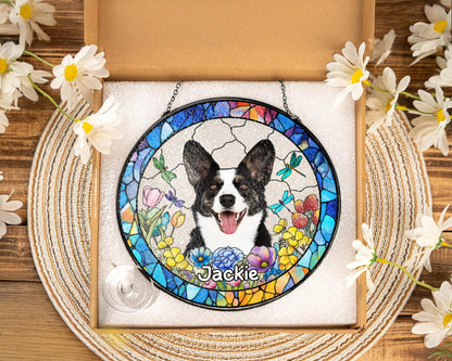 Netecom Custom Dog Suncatcher With Name, Pet Portrait Stained Glass Suncatcher, Pet Loss Sympathy, Dog Memorial Gift, Cat Memorial Photo, Window Hanging