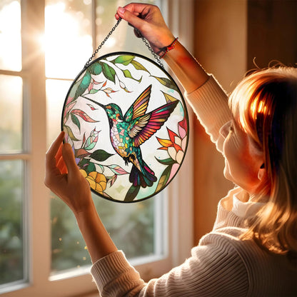 Netecom Hummingbird Stained Glass Suncatcher – Handcrafted Window Hanging, Bird Lover Gifts, Memorial Gift for Mom, Colorful Glass Art for Home Decor